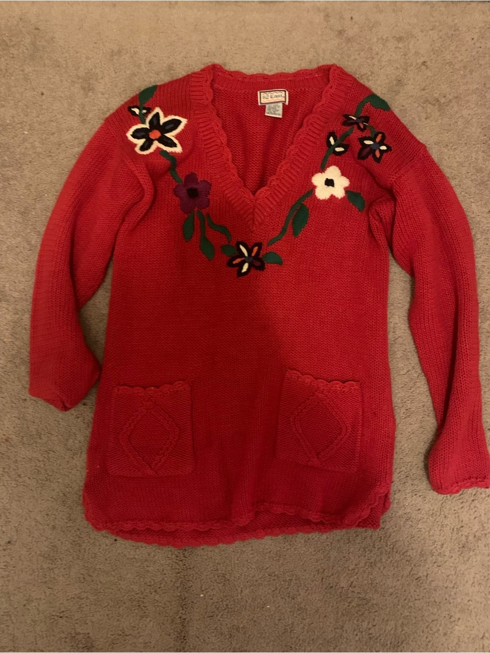 62 East Red V-Neck Sweater with Floral Embroidery